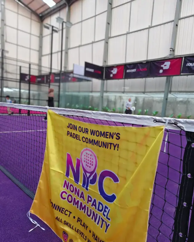 Nona Padel Community banner on a purple court